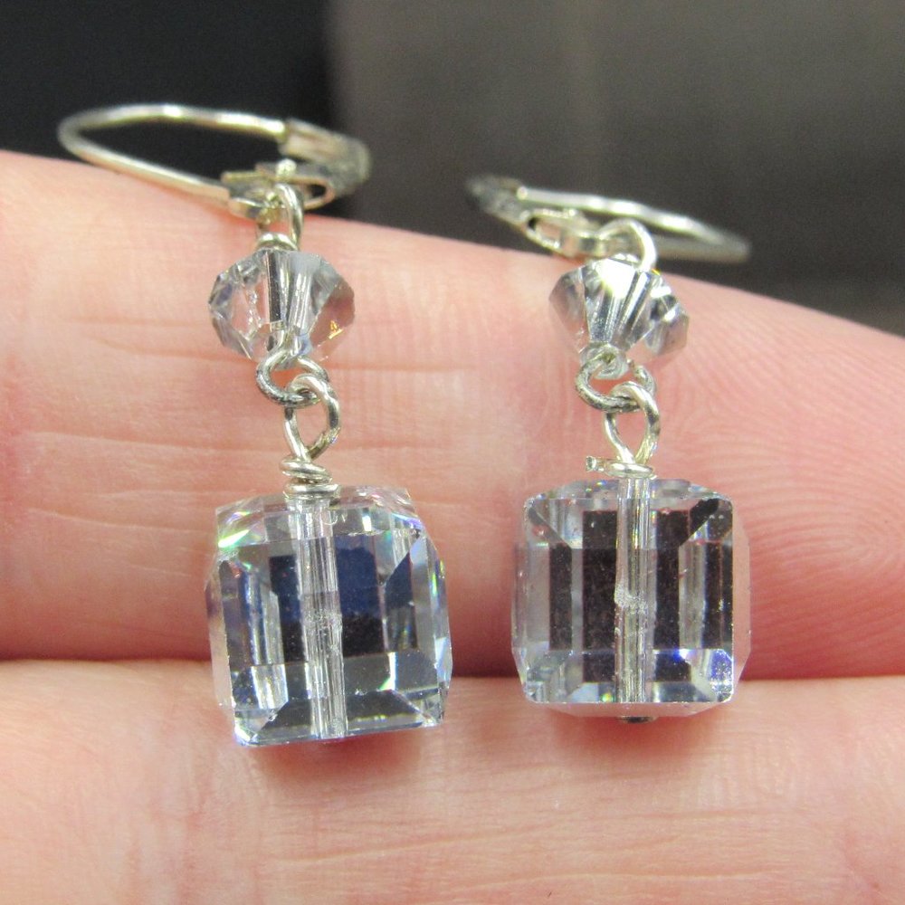Sterling Clear Square Crystal Dangle Earrings - image 1